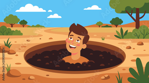 Cheerful cartoon man buried up to his neck in desert hole smiling optimistically upward, vector illustration of resilience, positive mindset, and hope against adversity in arid landscape