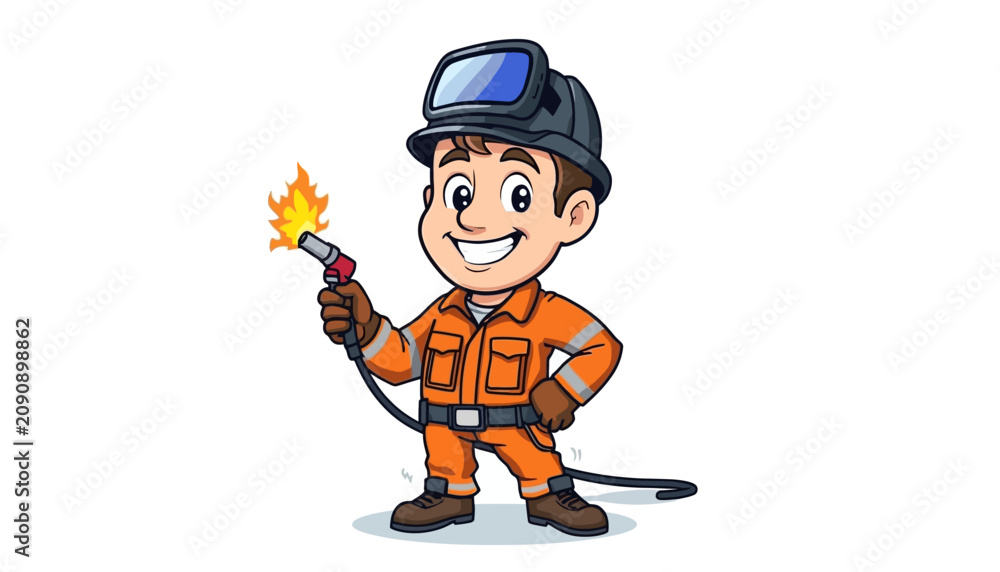 Obraz premium Cartoon Firefighter and Policeman with Guns Wearing Helmets and Uniforms, Worker Characters with Tools Vector Illustration for Kids