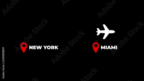 New York to Miami airplane travel flight route map animation