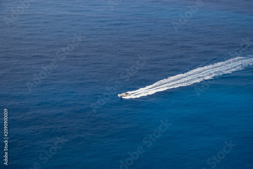 Speedboat in the open Ionian Sea, Zakynthos island, Greece.
