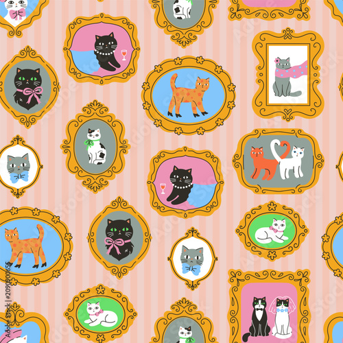 Seamless pattern with cute cats in golden frames. Vector graphics.
