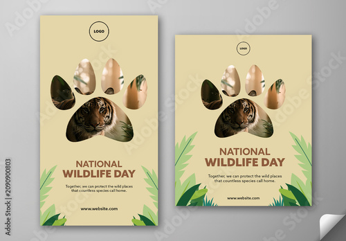 Editable National Wildlife Day Social Media Post and Story Template Design with Tiger Face Inside Animal Paw Print Photo.