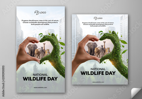 Editable National Wildlife Day Social Media Post and Story Template Design with Safari Animals Inside Heart Shape Formed by Human and Nature Hands Symbolizing Love for Wildlife.