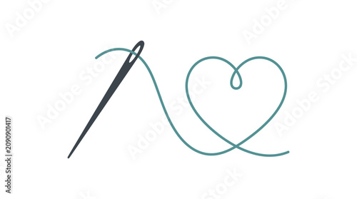 A sharp metallic needle pulling a teal thread forming a delicate heart shape line art