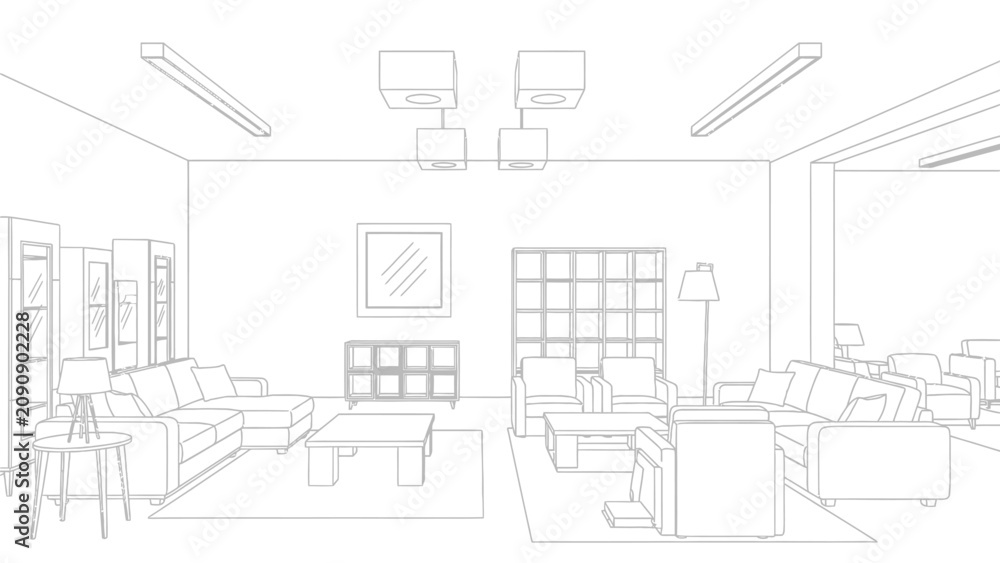 Fototapeta premium Spacious furniture showroom layout featuring modern sofas coffee tables and shelving units in clean minimalist architectural line art for interior catalogs.