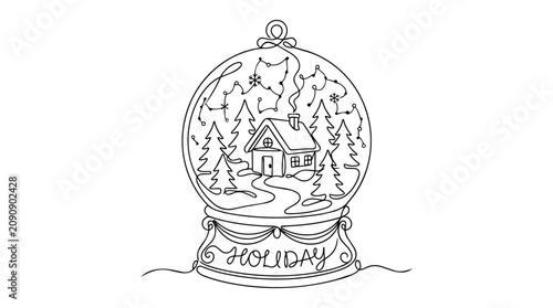 Snow Globe with Winter House One Line Drawing Vector Illustration
