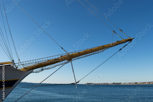 Bowsprit and rigging of a traditional sailing ship on the Adriatic Sea in Zadar, Croatia