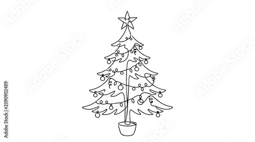 Christmas Tree One Line Drawing Minimalist Vector Illustration