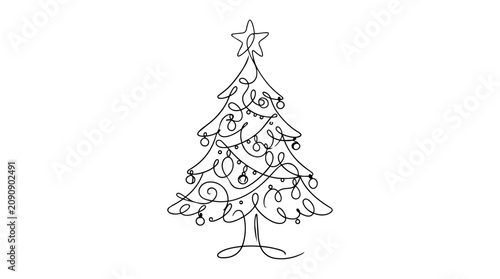 Christmas Tree One Line Drawing Minimalist Vector Illustration