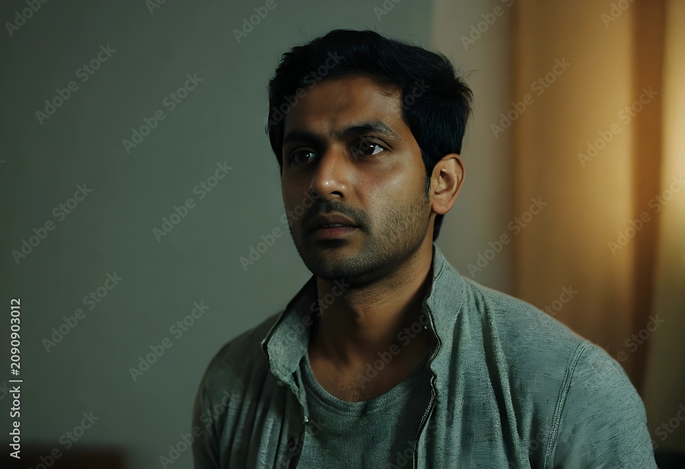 Fototapeta premium Portrait of a determined South Asian man indoors with warm lighting