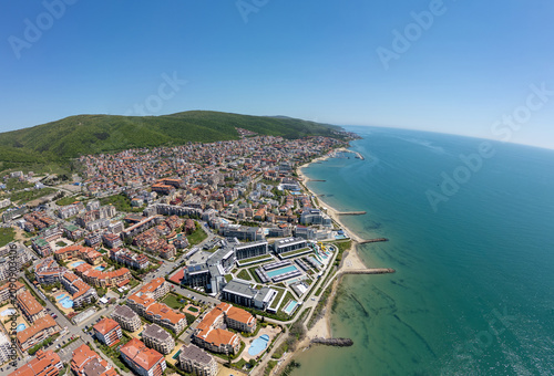 Photography Aerial view of luxury beachfront resort hotel in Sunny Beach, Bulgaria