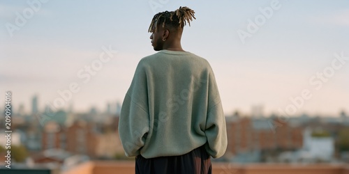Young man with short locs standing on a rooftop overlooking urban skyline at golden hour in oversized sweater for background and banner