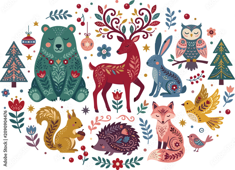 Obraz premium Scandinavian folk art Christmas vector set with winter forest animals deer bear fox owl hedgehog and festive floral elements isolated decoration illustration