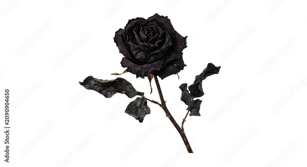 Foto Withered dark gothic rose with stem and leaves