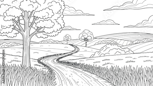 Country road winding through rolling hills with large leafy tree and distant clouds in scenic summer landscape coloring page for children and adults hobby.