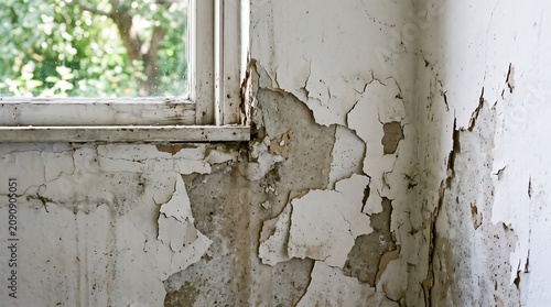 Damaged Interior Wall with Peeling Paint and Moisture Seepage Damage