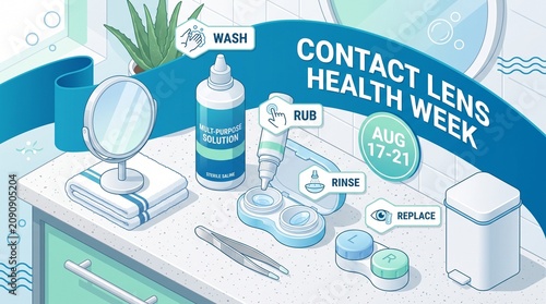 Isometric 3D Vector Illustration of Contact Lens Care Station with Hygiene Steps and Health Week Banner

