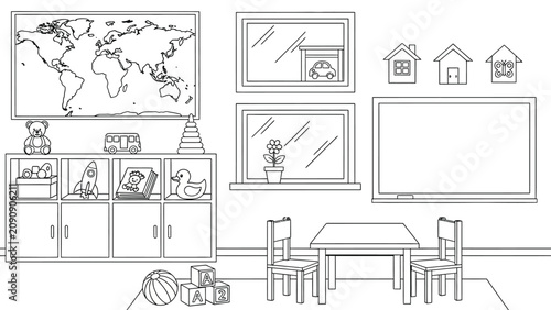 Cuadro en lienzo Kids playroom interior with world map, windows, toys, storage, table and chairs, empty scene, black and white sketch art, illustration graphic design