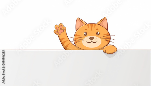 Cute ginger cat peeking over a blank white sign and waving its paw, cartoon illustration for your design and greeting cards