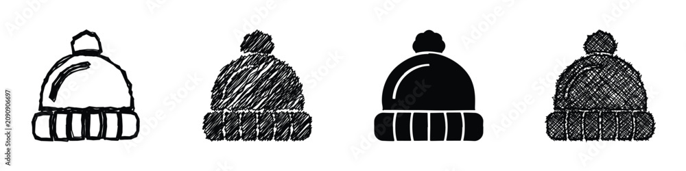 Fototapeta premium Collection of four distinct beanie hat icons with pom-poms and ribbed cuffs
