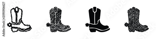 Collection of four cowboy boot icons with spurs in various artistic styles