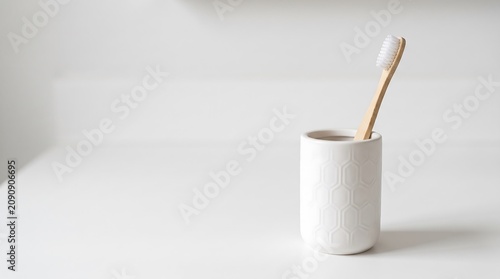 Minimalist Wooden Toothbrush in a Ceramic Holder on White Surface