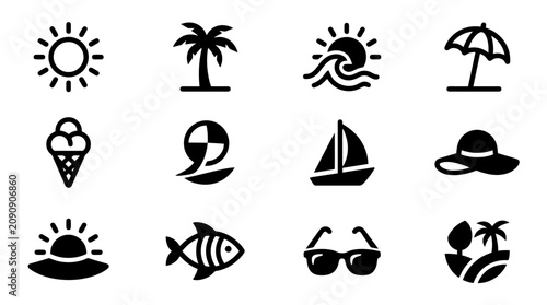 Black icons of summer vacation and beach.