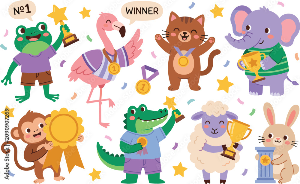 Obraz premium Cute cartoon animals winner sticker set featuring happy frog, flamingo, cat, elephant, monkey, alligator, sheep, and rabbit with trophies and medals, vector illustration