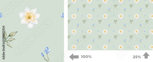 Floral design with light green background showing flowers and leaves in a simple pattern