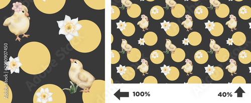 Pattern with chicks and flowers on a dark background with circles