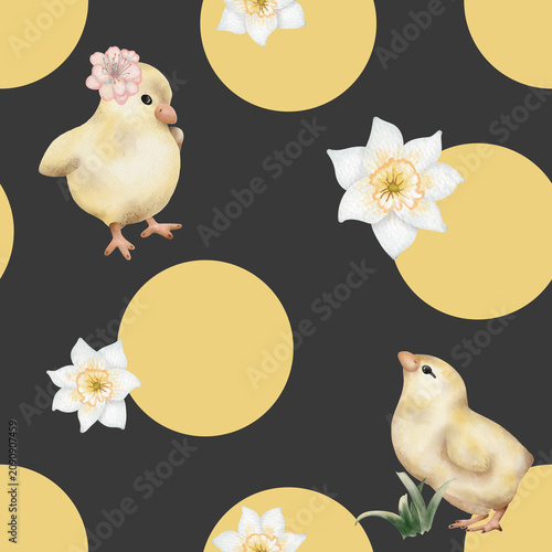 Chicks and flowers on a dark background with yellow circles creating a playful and colorful design
