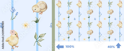 Cute chicks and flowers on a blue background in a design for a children's room or spring decoration
