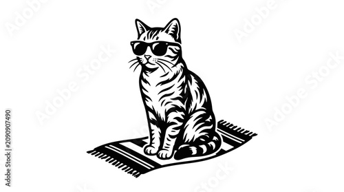 A black and white illustration of a cat wearing sunglasses on a rug.