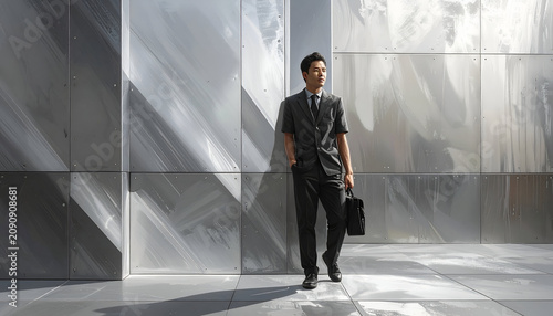 Man in suit leans against a metallic wall, holding briefcase, gazing up