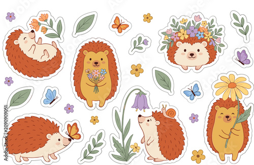 Cuadro en lienzo Cute cartoon hedgehog sticker set featuring happy woodland animal characters wit
