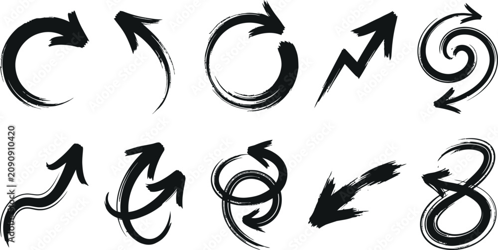 Fototapeta premium Assorted hand drawn grunge arrow and spiral collection with handdrawn direction collection scribble illustration creative