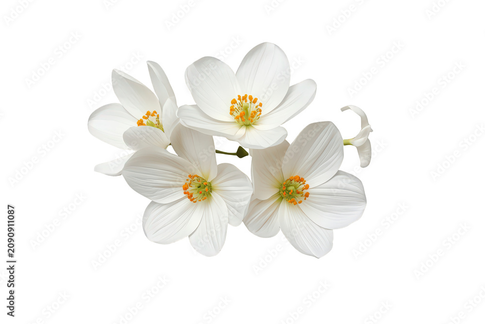 Fototapeta premium White flowers blooming, featuring delicate petals and vibrant orange stamens, isolated on a transparent background