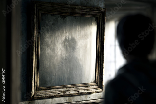 A person's back views an antique, grimy mirror with a blurred, ghostly reflection. Dark, mysterious, and unsettling atmosphere.