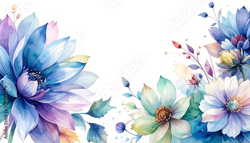 A watercolor floral arrangement, with various blossoms in shades of blue, purple, and green, arranged on a white background
