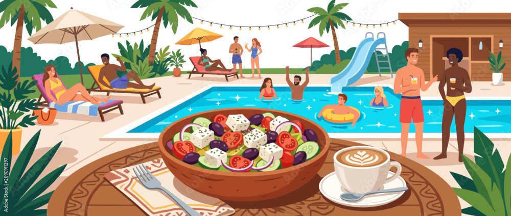 Obraz premium Summer Pool Party with Greek Salad and Coffee, People Relaxing and Swimming