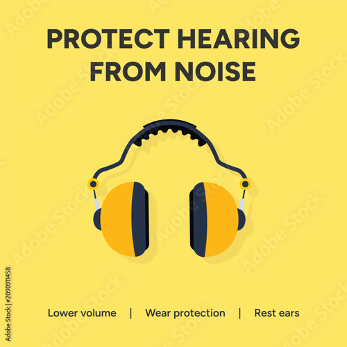 Bright yellow graphic poster featuring protective ear muffs to warn people about the dangers of loud noise and hearing loss
