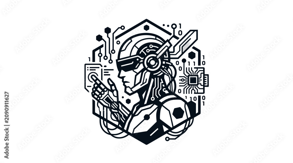 Fototapeta premium Cybernetic Humanoid Interacting with Digital Interface, Futuristic Technology Concept