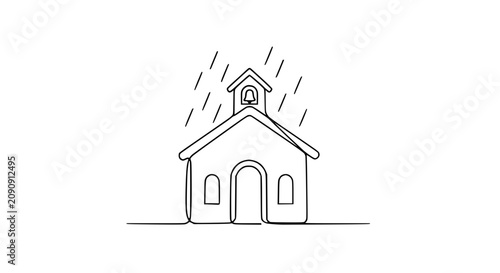Minimalist single line drawing of a school building with rain falling