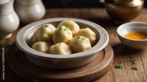 Steamed dumplings served with melted butter and fresh herbs in a rustic bowl. Comfort food concept with soft texture and warm cozy atmosphere.