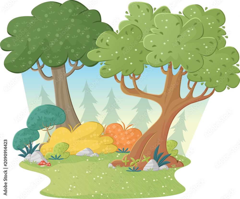 Fototapeta premium Cartoon colorful forest. Green park. Nature landscape.