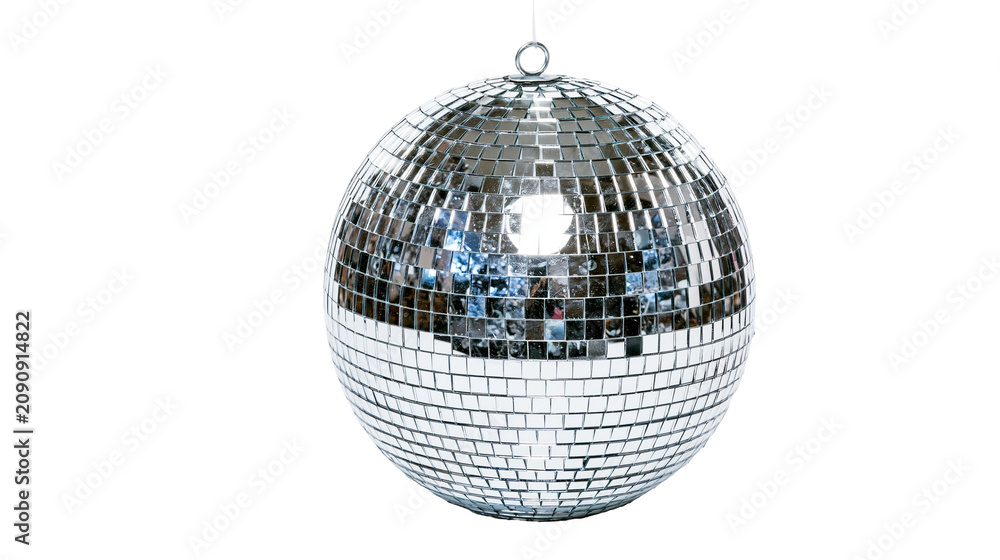 Obraz premium Shiny disco ball with mirrored squares, isolated on transparent background