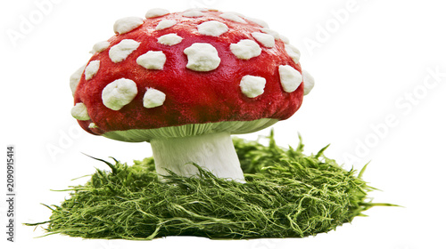 Foto Red and white spotted Amanita muscaria mushroom growing in green moss, isolated