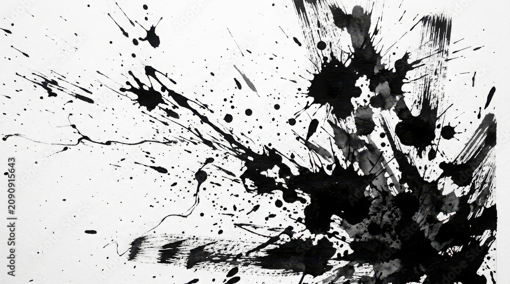 Obraz premium Black ink splatters and paint strokes on white paper artistic expression and creativity abstract graphic