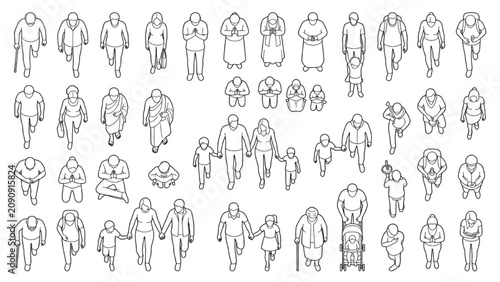 Extensive set of diverse line art people figures viewed from above for design plans