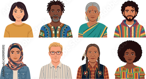 Set of diverse multicultural avatars representing multiethnic community inclusion and global society flat vector illustration